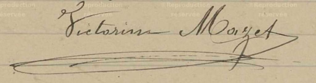 Signature de Victorine Mazet, institutrice de l'école libre de Vendémian (Hérault) en 1903