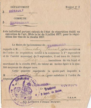 Vendémian, ordre de réquisition de vin adressé à Pascal Sanchez