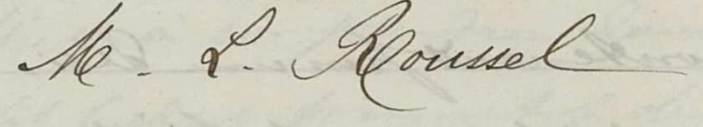Signature de Marie-Louise Roussel, institutrice à Vendémian (Hérault) en 1893