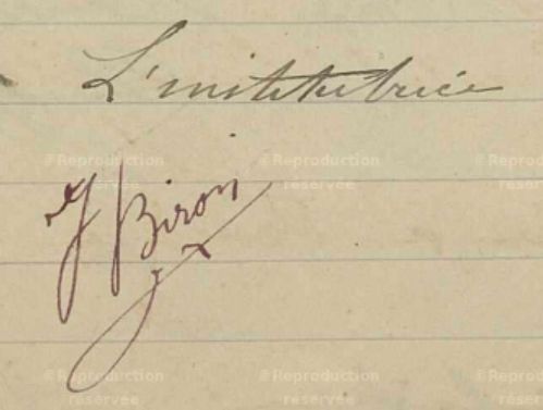 Signature de Juliette Biron, institutrice de Vendémian en 1915