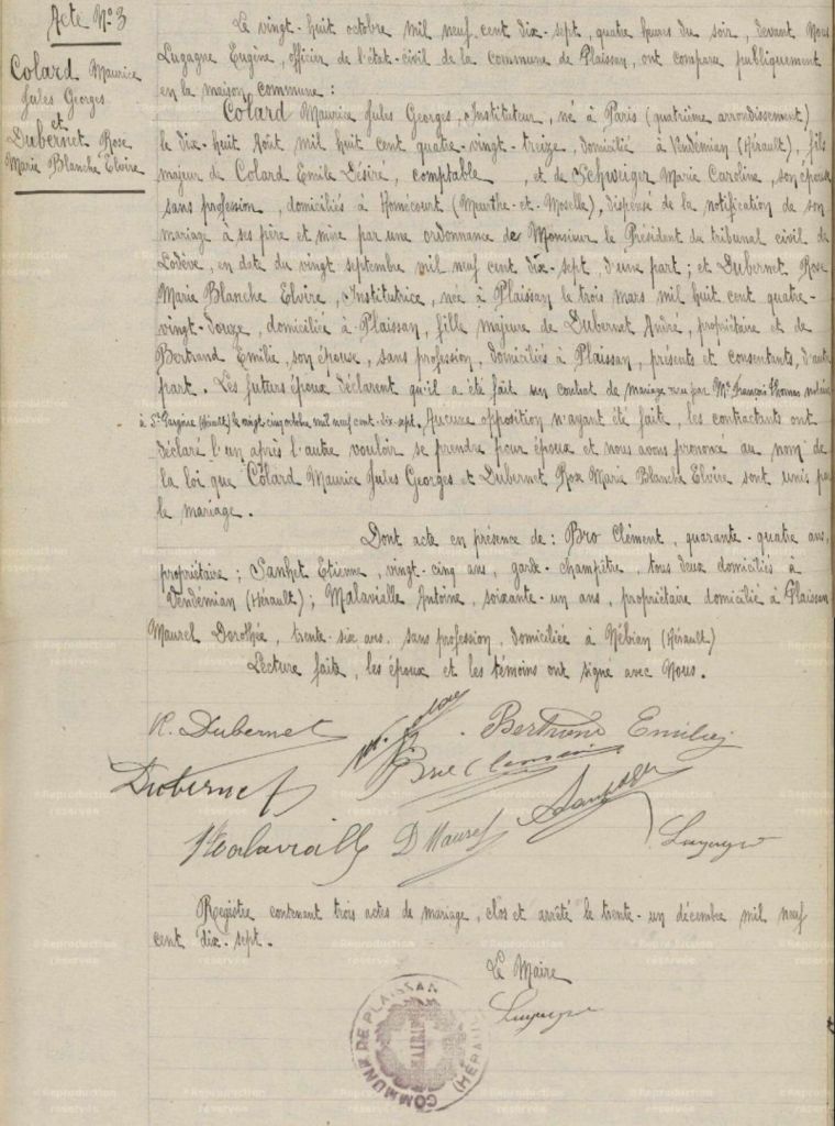 Acte de mariage de Jules Colard et Rose Dubernet le 28 octobre 1917 à Plaissan