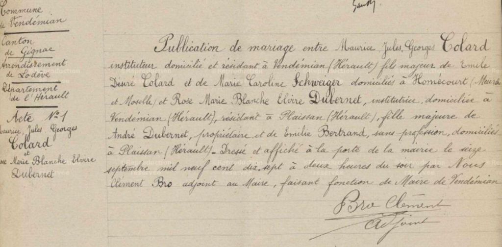 Publication du mariage de Jules Colard et Rose Dubernet.