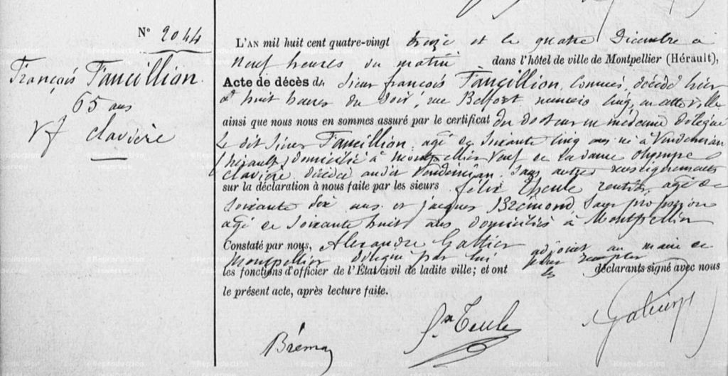 Acte de décès de François Faucilhon du 4 décembre 1893