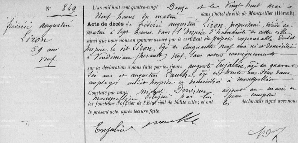 Acte de décès de Frédéric Lion, 28 mai 1892 à Montpellier.