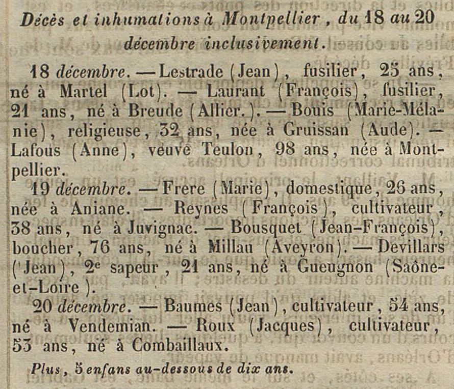 Avis de décès de Jean Baumes, né à Vendémian - Courrier du Midi 1847