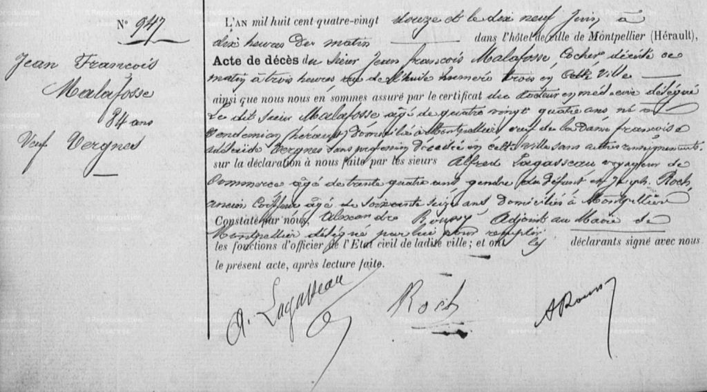 Acte de décès de Jean Malafosse du 19 juin 1892 