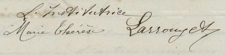 Signature de Marie-Thérèse Larrouyet, institutrice à Vendémian (Hérault) en 1892