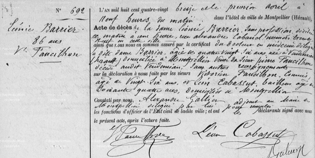 Acte de décès de Léonie Barrier du 1er avril 1893 à Montpellier